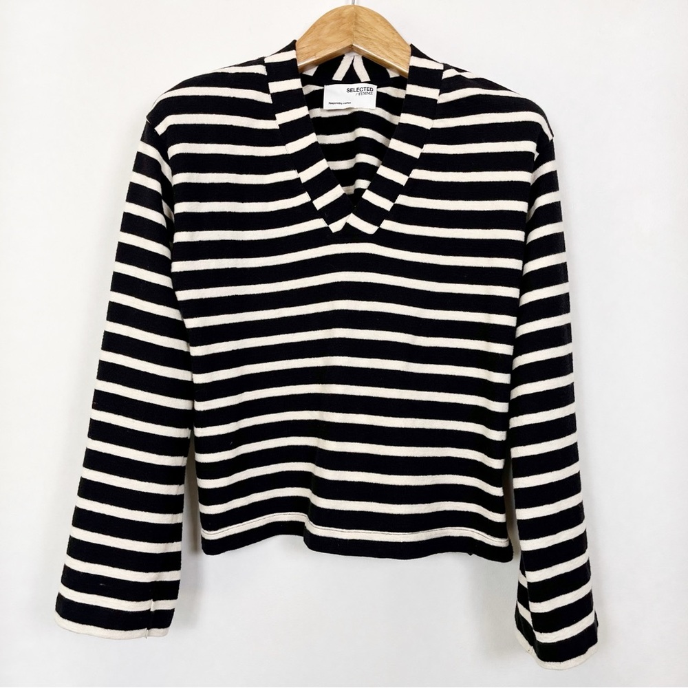 Selected Femme Black &‎ Cream Striped V-Neck Sweater Size Medium Organic Cotton
